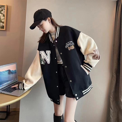 美式棒球服女春秋加绒加厚中长款时尚洋气高级感学生立领卫衣外套