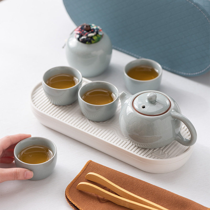 旅行茶具套装汝窑陶瓷便携式快客杯哥窑整套公司活动年会伴手礼