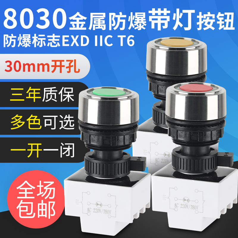 BA8030防爆带灯按钮BD自复位带指示灯塑料金属控制按钮开关30mm