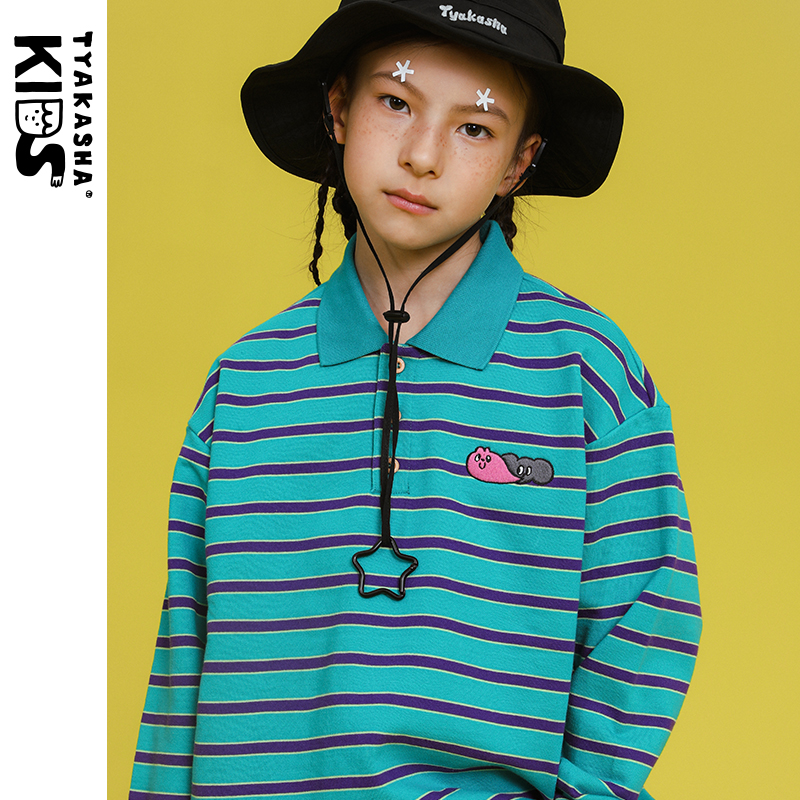 TYAKASHAKIDS塔卡沙童装上衣男女童POLO衫翻领条纹长袖T恤宽松