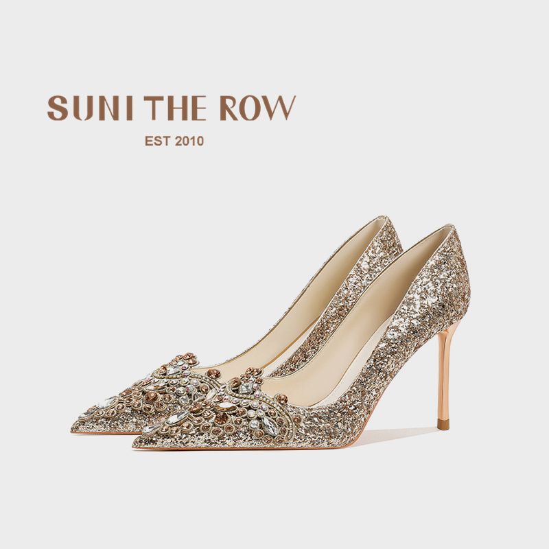 水晶鞋婚鞋金色秀禾高跟鞋细跟