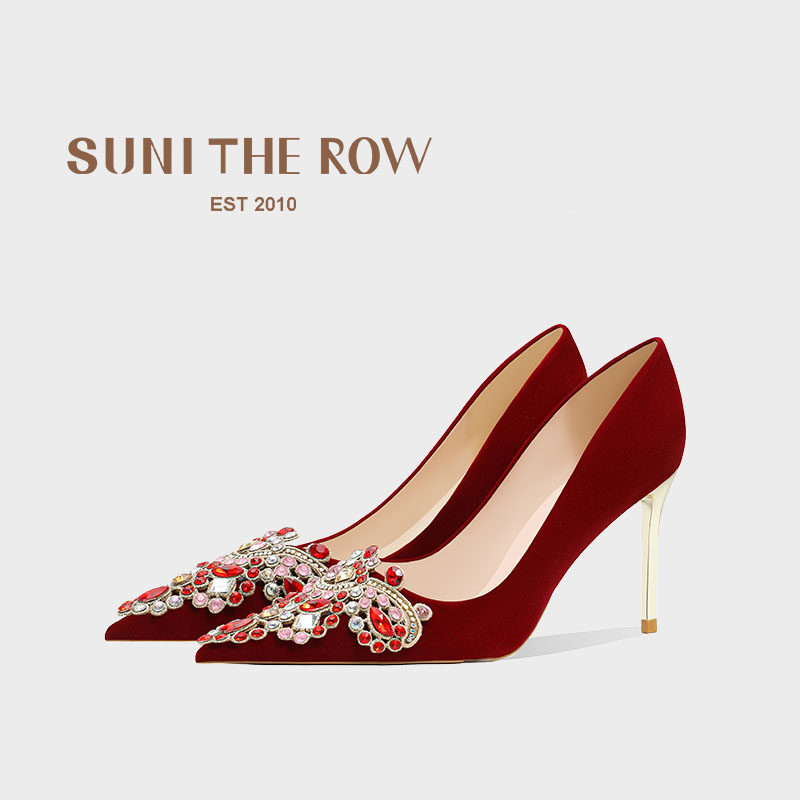 SUNI  红色中式婚鞋新娘鞋秀禾服2026新款婚纱两穿绒面细跟高跟鞋