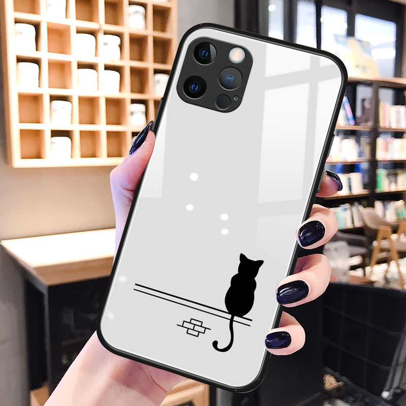 可爱黑猫咪苹果13手机壳玻璃镜面iphone13promax个性适用13mini情侣网红13pro卡通简约ipone十三