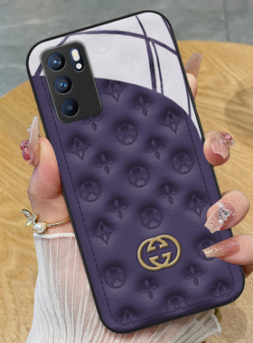 紫色典雅印花适用opporeno9手机壳reno8新款reno7玻璃高级reno6气质5pro+女4se简约oppofindx5硅胶x3保护套x2