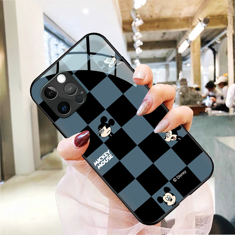 格子米奇苹果13手机壳玻璃iphone12mini防摔适用11promax男xr女生xsmax新款5s情侣se2卡通78plus保护套6splus