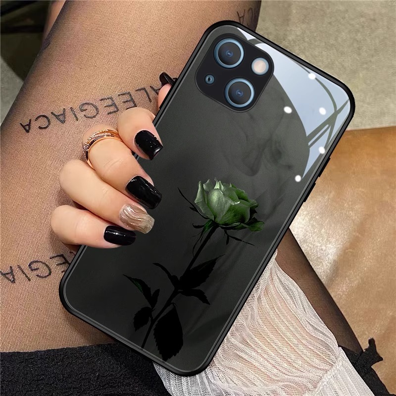 暗夜绿玫瑰简约玻璃硅胶手机壳