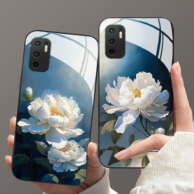 油画山茶花简约玻璃硅胶手机壳