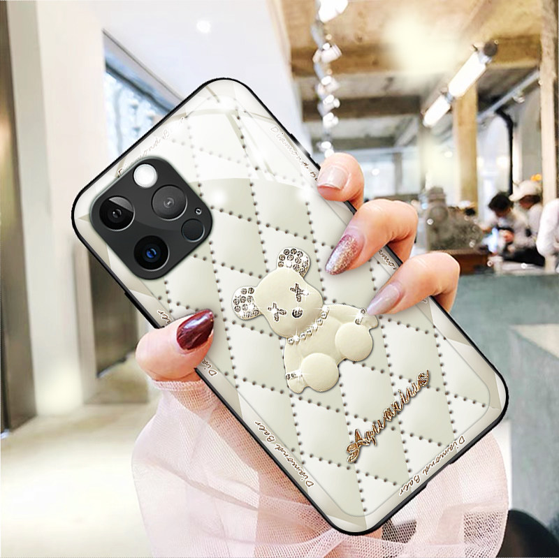 羽绒钻石熊适用苹果13手机壳iphone11promax新款12mini高级感xsmax女xr情侣se2玻璃5网红78plus保护套6splus