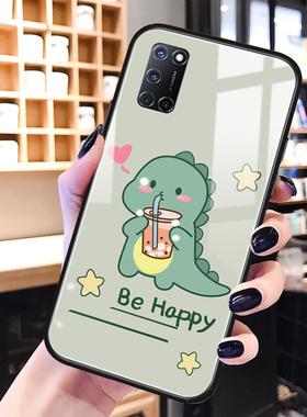 绿色恐龙oppoa52手机壳玻璃a93s卡通可爱a92s适用网红a83男a1女生a57新款a77/a79/a73硅胶a59s保护套a39/a37