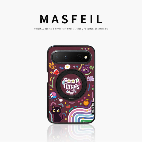 MASFEIL× 小猫涂鸦适用华为PuraXView手机壳磁吸带支架PW新款阔直板Pura X View全包保护套防摔高级感仿皮女