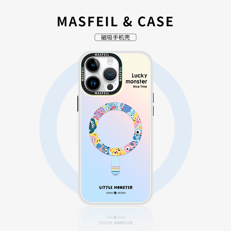 MASFEIL × 小怪兽派适用苹果15Promax手机壳14磁吸支架iPhone15保护套13网红镭射卡包全包12防摔max女款ip14