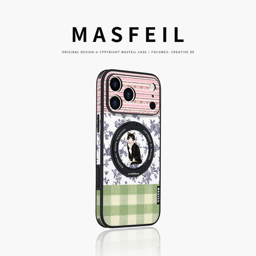 MASFEIL× 雅致黑猫适用iPhone17Promax手机壳新款ip15磁吸带支架苹果16Pro套Ho5支点好看高级感13pm全包女