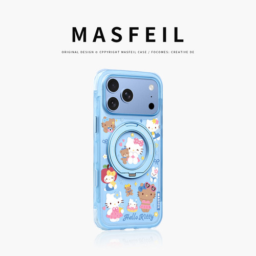 MASFEIL× 蓝系猫咪适用iPhone18Promax手机壳新款ip18磁吸带支架Go5苹果17Pro保护套支点全包高级感17pm好看