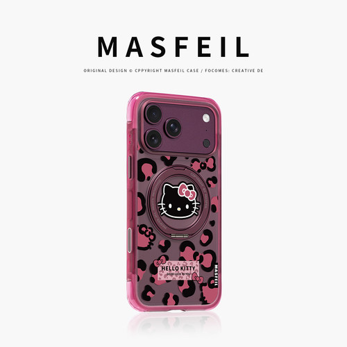 MASFEIL× 酒红豹纹猫咪适用iPhone18Promax手机壳新款ip18pm磁吸带支架Go5苹果17Pro保护套支点全包高级感17