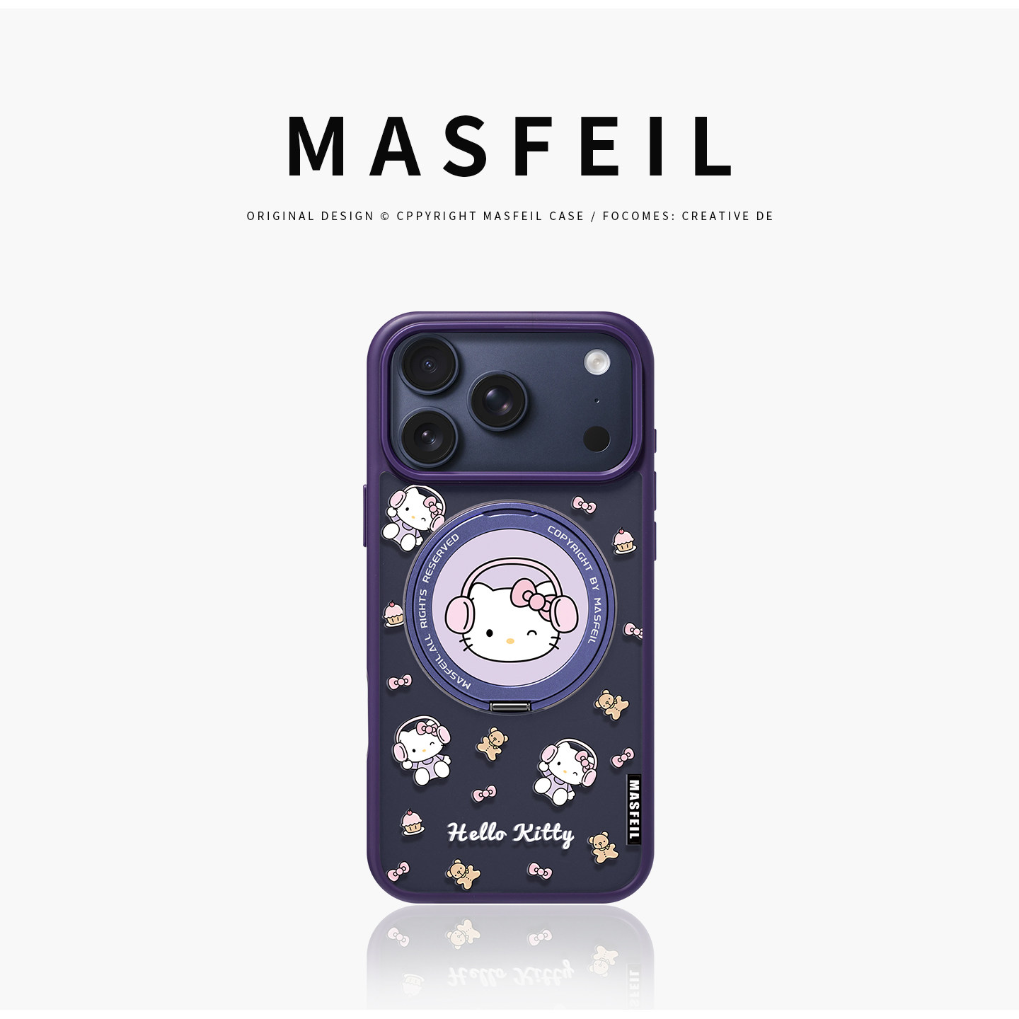 MASFEIL × 紫色凯蒂派对适用苹果17promax手机壳iPhone16pro新款磁吸带支架ip15全包Fo5支点高级感17可爱套