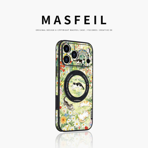 MASFEIL× 猫栖花野适用iPhone17Promax手机壳新款ip15磁吸带支架苹果16Pro套Ho5支点好看高级感13pm全包女