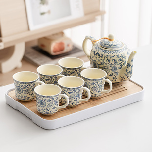 高档黄汝青花缠枝莲陶瓷茶具新中式防烫把耳杯简约喝茶专用杯茶盘