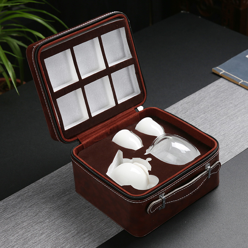 偲逸白瓷快客杯一壶二杯旅行茶具套装便携式包评审茶具评审碗盖碗