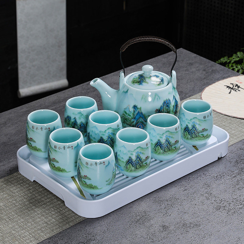 复古大容量提梁壶茶具套装青山绿水带过滤茶壶家用简约陶瓷茶杯,餐饮具,功夫茶具,淘宝优惠券,粉丝福利购,淘宝优惠卷
