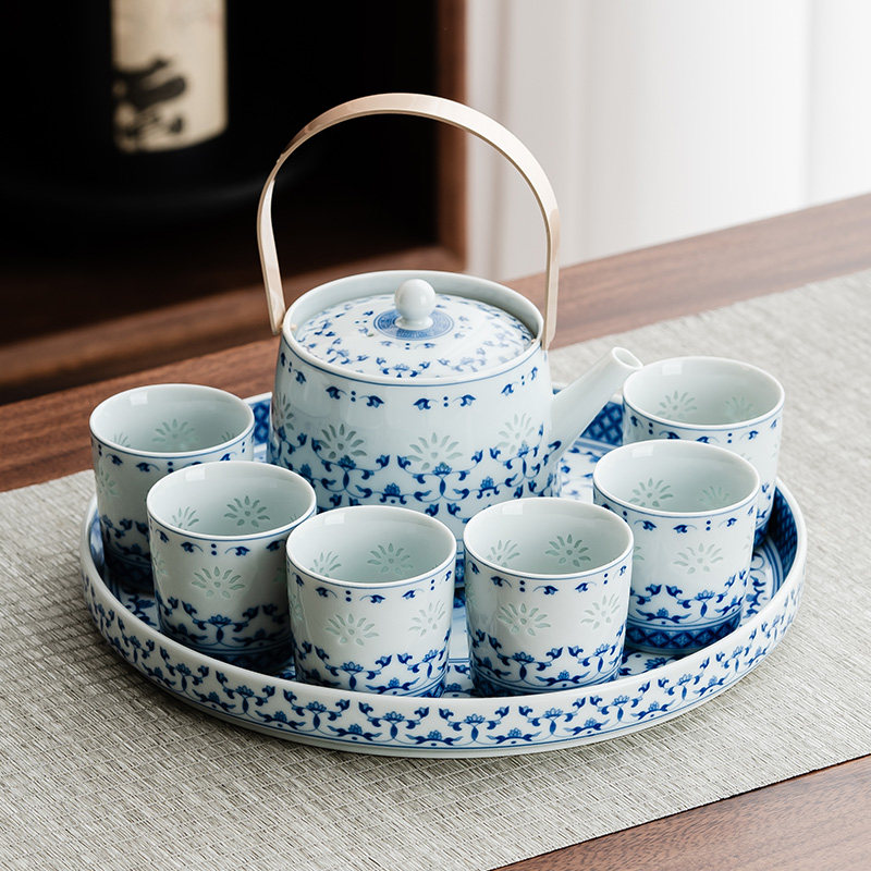 高档青花玲珑茶具套装陶瓷茶盘简约缠枝莲手工镂空提梁壶家用会客