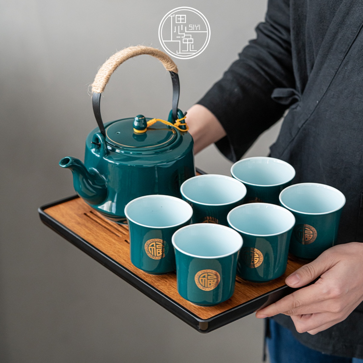 提梁壶茶具套装家用陶瓷简约现代风大容量功夫松石绿茶壶茶杯整套