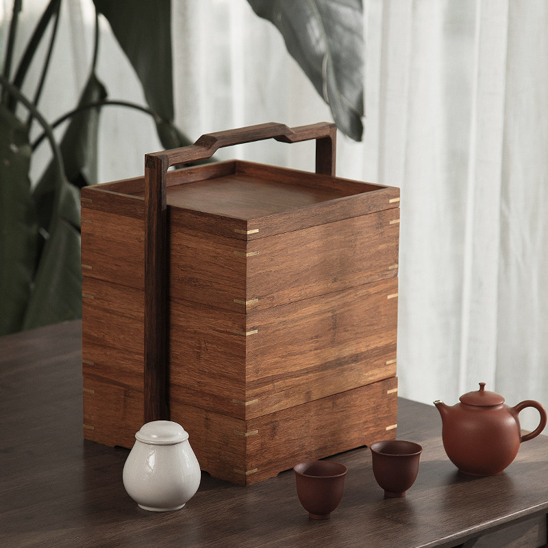 一条提盒多层提篮便携户外旅行茶具收纳盒提箱茶具配件提梁茶饭盒