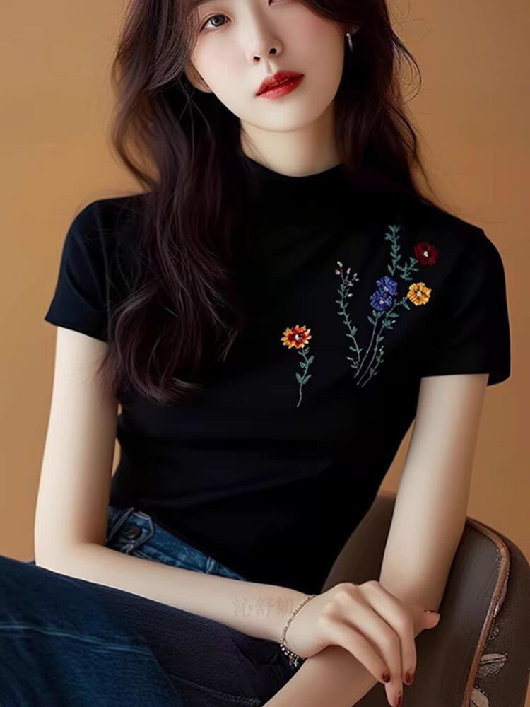 正品哥家法式黑色半高领刺绣短袖t恤女2026新款夏季百搭显瘦上衣