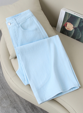 蓝色弯刀阔腿牛仔裤女秋季新款大码胖mm高腰宽松美式垂感镰刀裤子