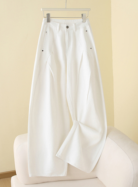 白色阔腿牛仔裤弯刀裤女春季新款褶皱设计感高腰松弛显瘦直筒裤子