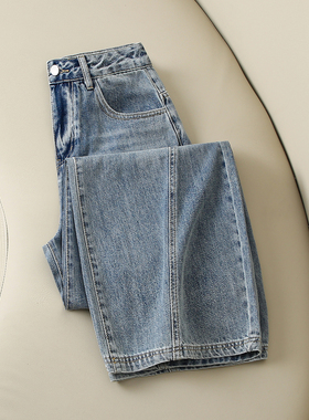 休闲高腰阔腿牛仔裤女春季辣妹宽松显瘦百搭蓝色慵懒风弯刀长裤子