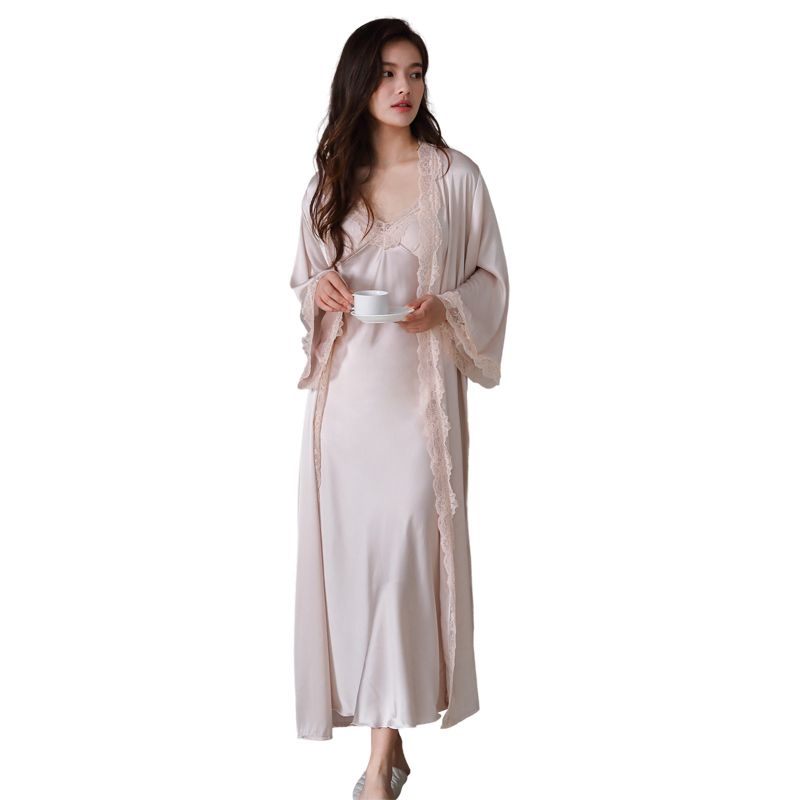 加长款夏季睡裙冰丝薄款吊带胸垫睡袍两件套春秋天睡衣性感家居服