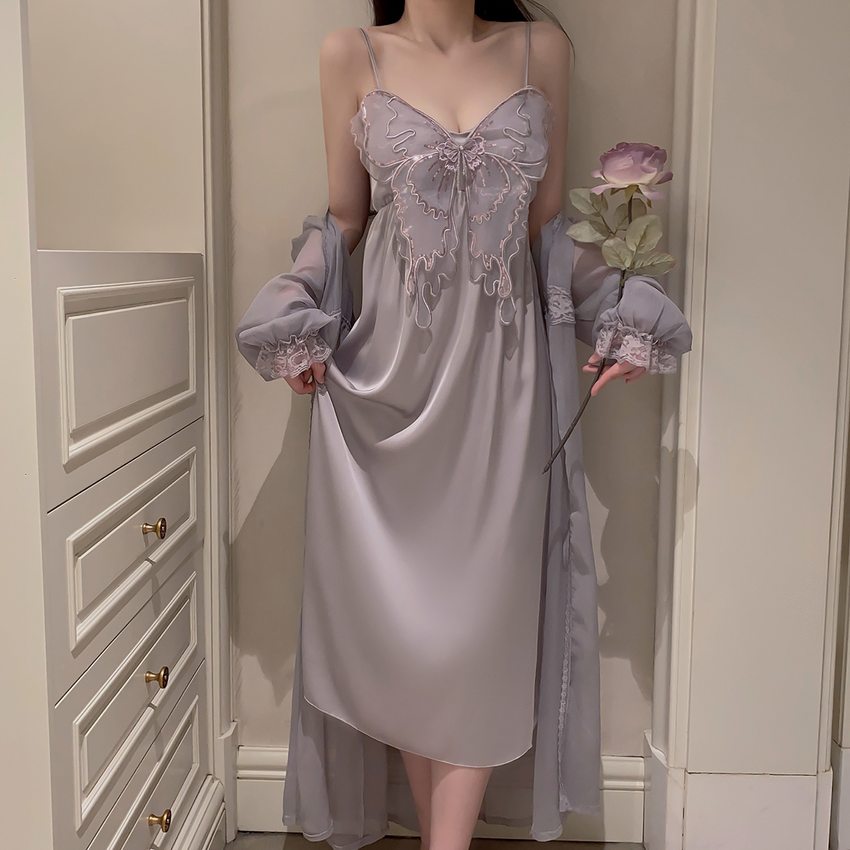 睡衣女春秋夏季蝴蝶吊带冰丝