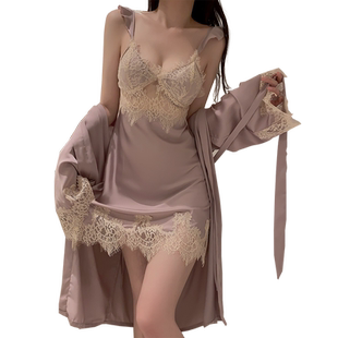 夏季睡衣女性感冰丝薄款蕾丝吊带胸垫睡裙睡袍仿真丝春秋天家居服