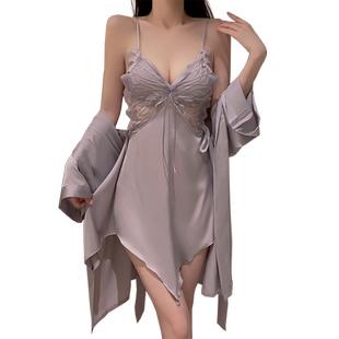 紫色法式睡裙吊带胸垫缎面夏季性感薄款冰丝稠睡袍镂空纯欲风睡衣