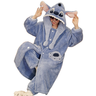 珊瑚绒睡袍女冬季长款加厚加绒睡衣套装秋冬款法兰绒家居服史迪仔