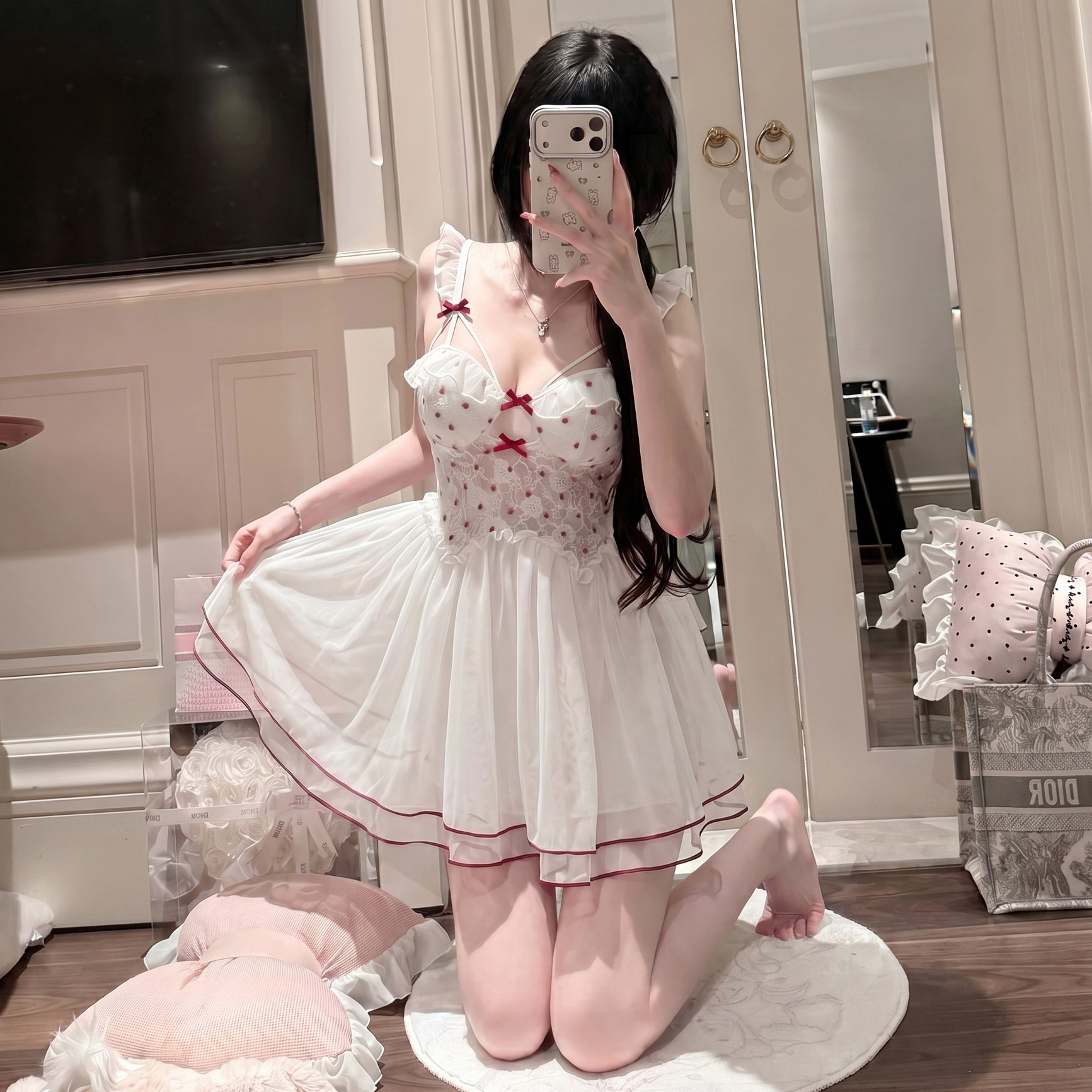 波点蕾丝吊带睡裙女夏季性感