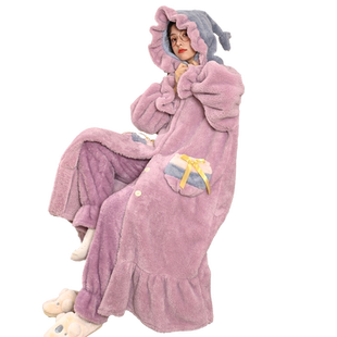 新款珊瑚绒睡衣女冬季网红款加厚加绒睡袍秋冬天长款可外穿家居服