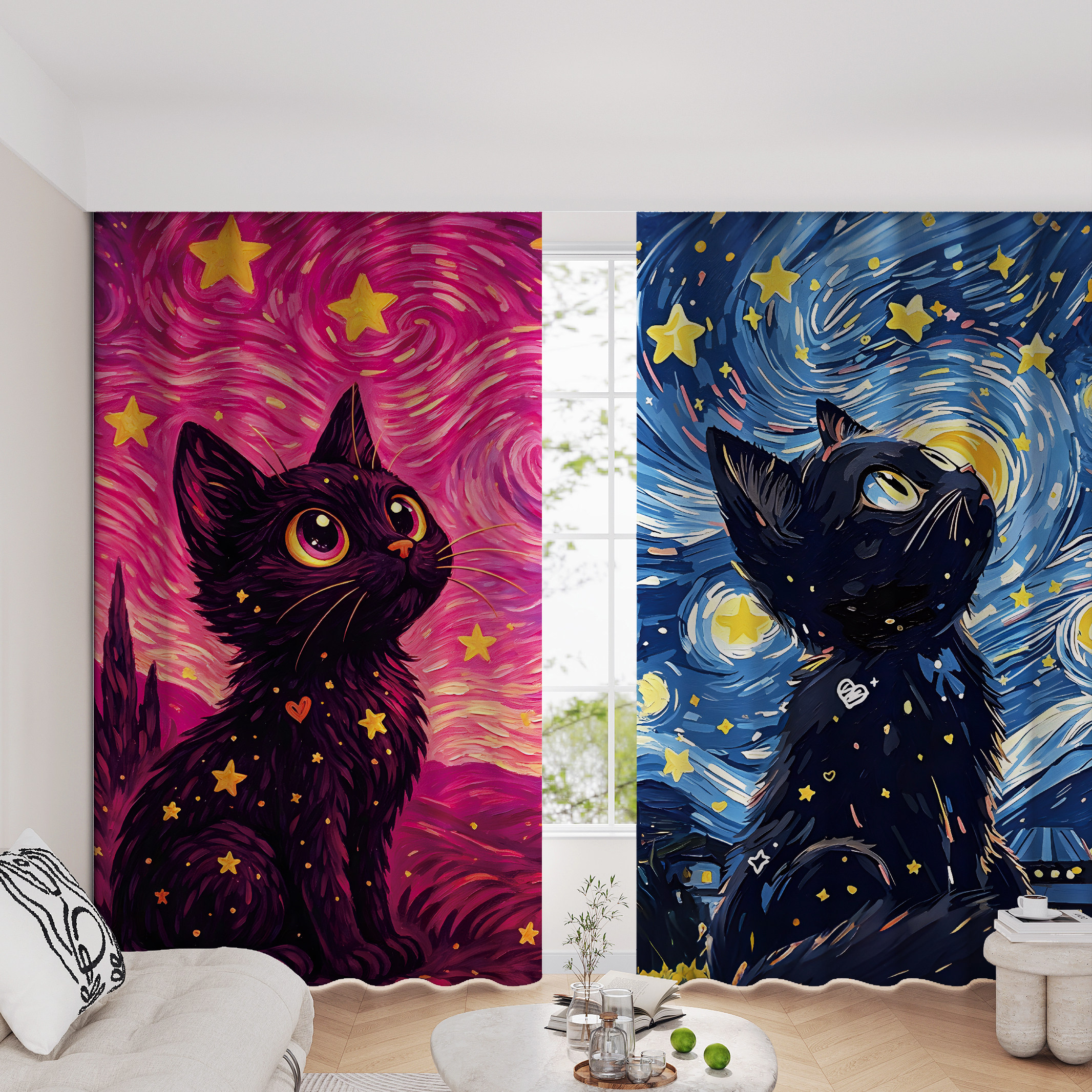 星空黑猫创意油画遮光窗帘艺术风少女卧室窗帘定制免打孔飘窗