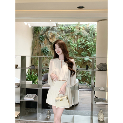 JustQin【白茶风吟】2026春装雪纺上衣高腰半裙两件套连衣裙
