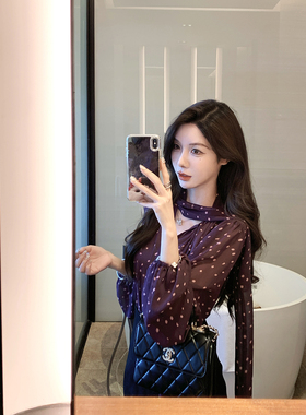JustQin【紫雾星澜】2025新款秋装飘带雪纺衫上衣波点长袖衬衫女