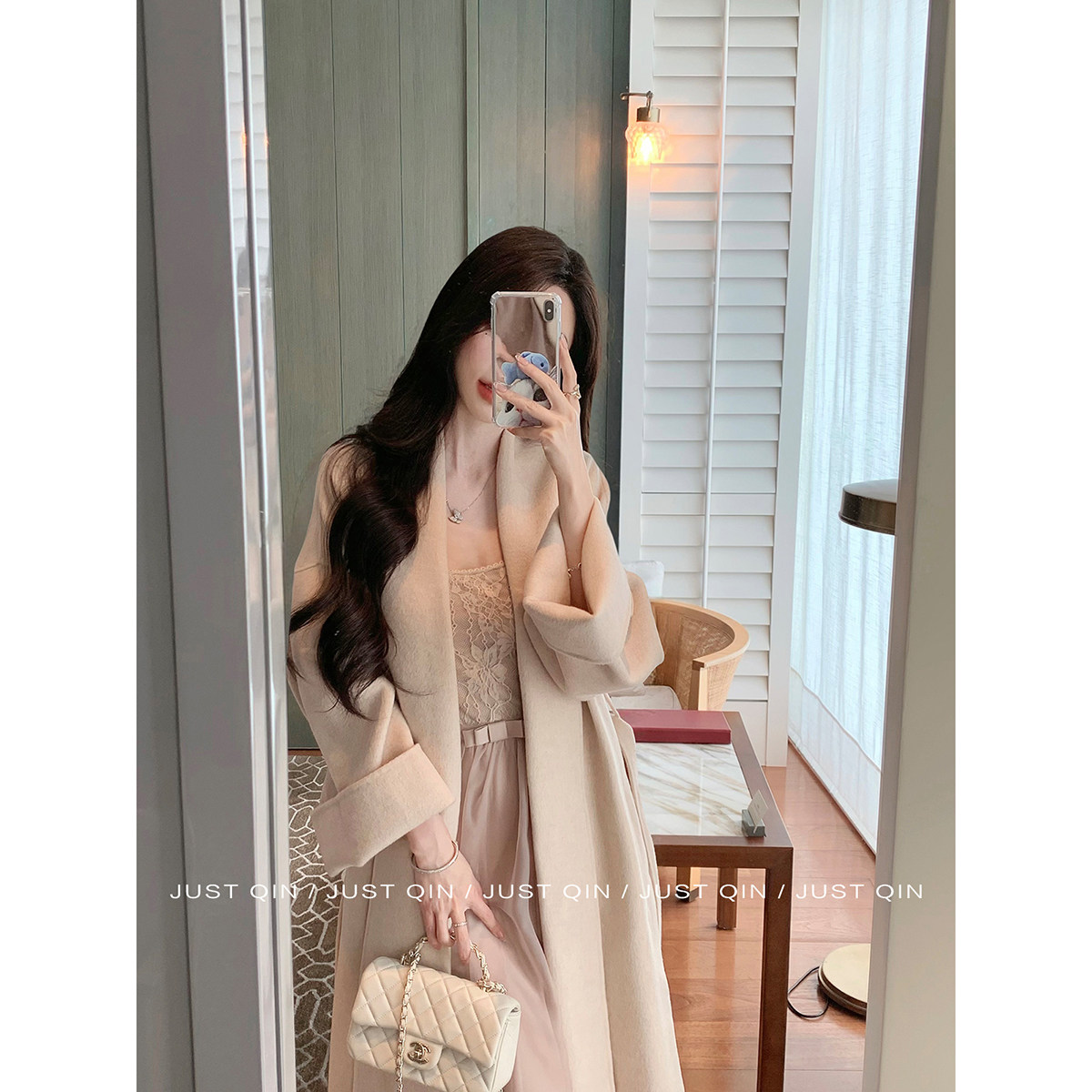 JustQin【玉瓷脂雕】气质收腰显瘦绵羊毛呢外套长款呢大衣女秋冬