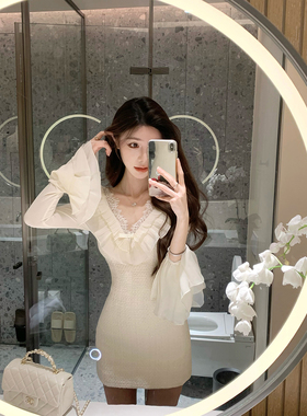 JustQin【白茶千金】2026新款春装收腰气质短裙千金风连衣裙女