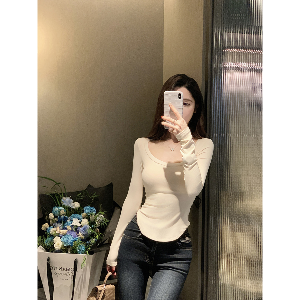 JustQin【极简主义】2025新款修身性感打底衫内搭女上衣长袖T恤