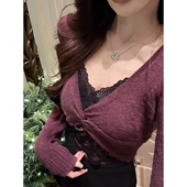 JustQin 毛衣女 性感内搭蕾丝交叉针织衫 掐腰美神 2025秋冬新款