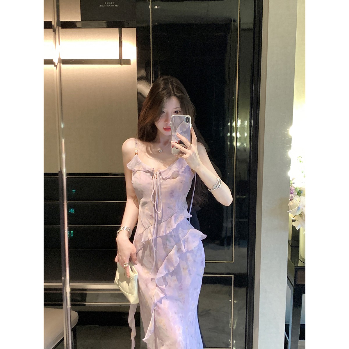 JustQin【层叠月光】2025新夏装紫色性感吊带裙收腰雪纺连衣裙女