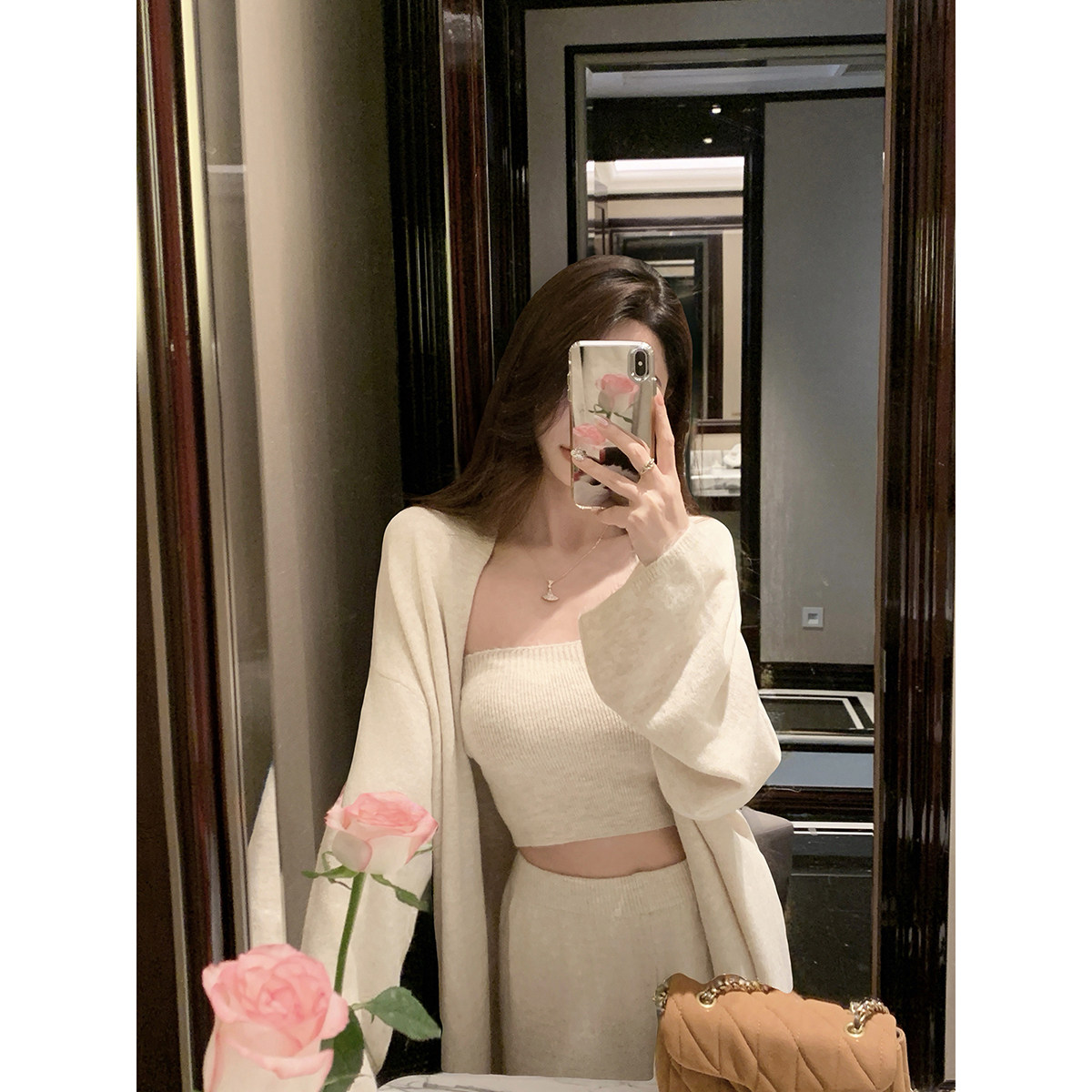 JustQin【秋雾柔棕】2026秋装抹胸上衣开衫外套针织长裤三件套女