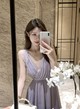 JustQin【矜贵名伶 】2025新款夏装紫色v领短裙性感连衣裙女