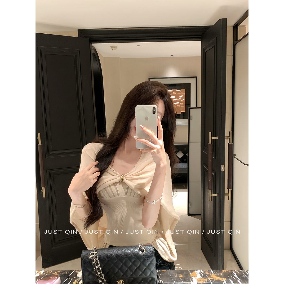 JustQin【白茶栀子】气质显瘦设计感小众针织披肩斗篷上衣女秋季
