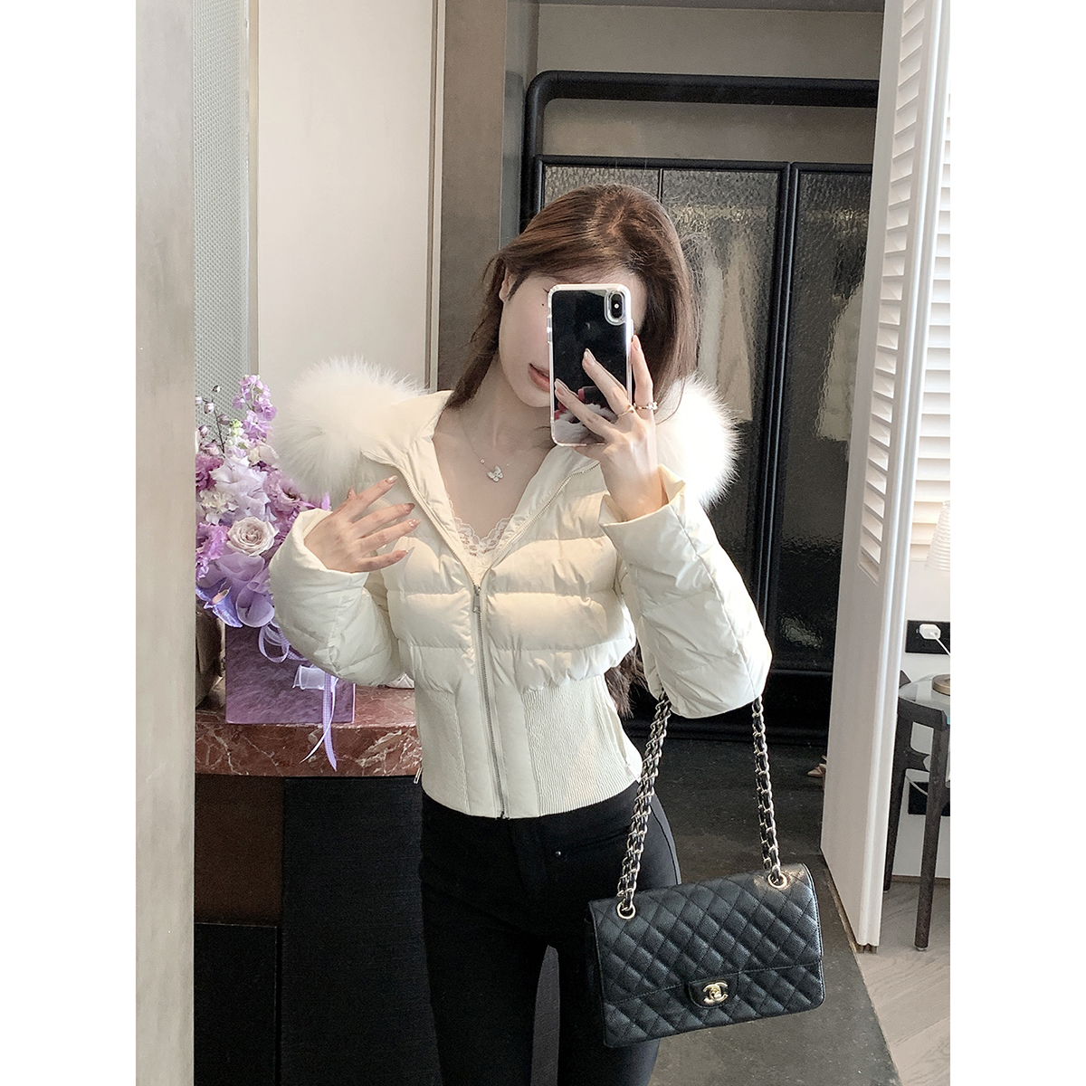JustQin【小雪人】2024冬装狐狸毛领收腰羽绒衣90白鸭绒羽绒服女