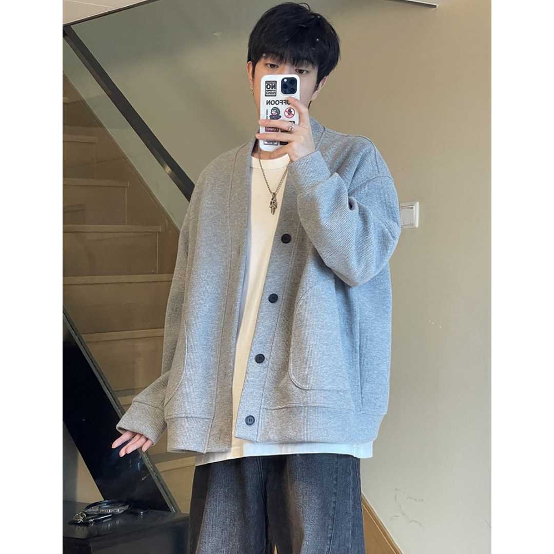 华夫格灰色开衫卫衣男春秋季痞帅